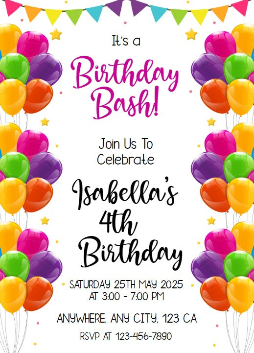 Balloon Theme Personalized Birthday Invitation