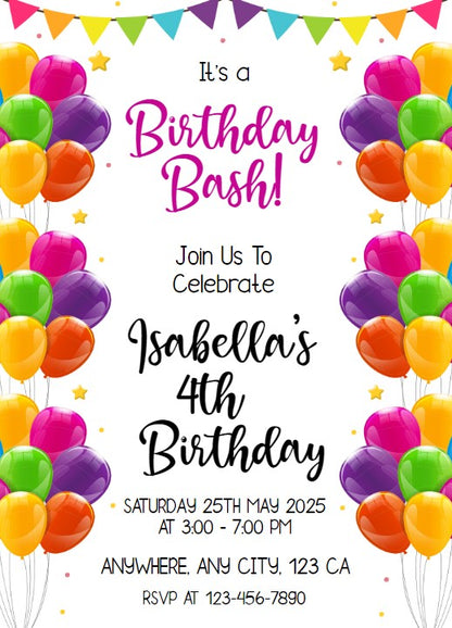 Balloon Theme Personalized Birthday Invitation