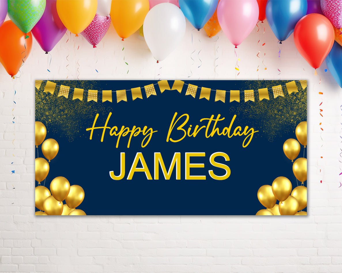 Blue And Gold Balloon Personalized Birthday Banner