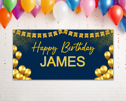 Blue And Gold Balloon Personalized Birthday Banner