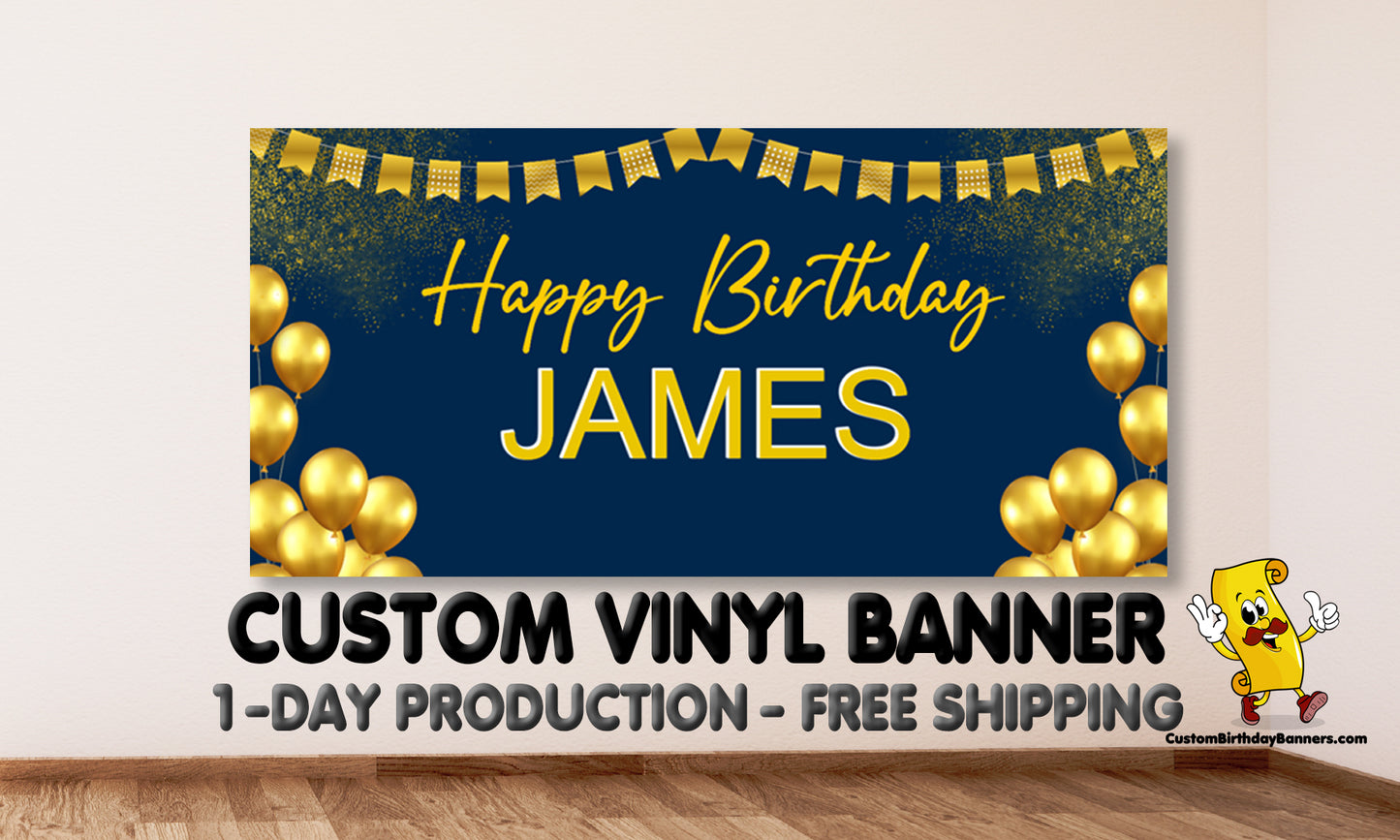 Blue And Gold Balloon Personalized Birthday Banner