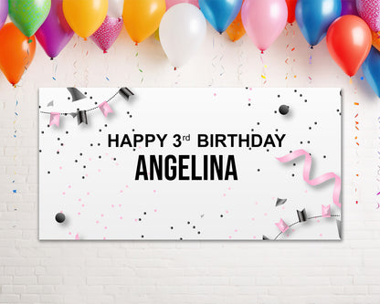 Pink And Black Ribbon Personalized Birthday Banner